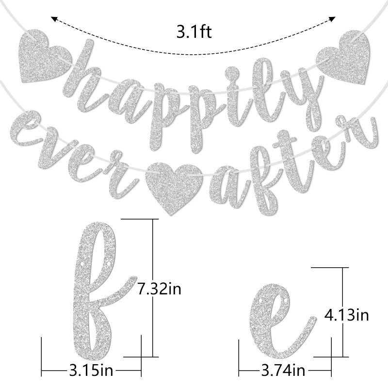 FOZEE Happily Ever After Silver Glitter Bunting Banner, Engagement, Bridal Shower, Wedding Party Photo Booth Props Signs,Pre-Strung Cursive Bunting - Image 2